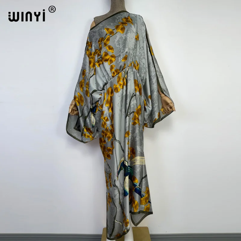 WINYI 2022 fashion Printed Party Long Dress Women Silky Elegant kaftan one Neck long Sleeve Dress Ladies Fashion Beach Dresses