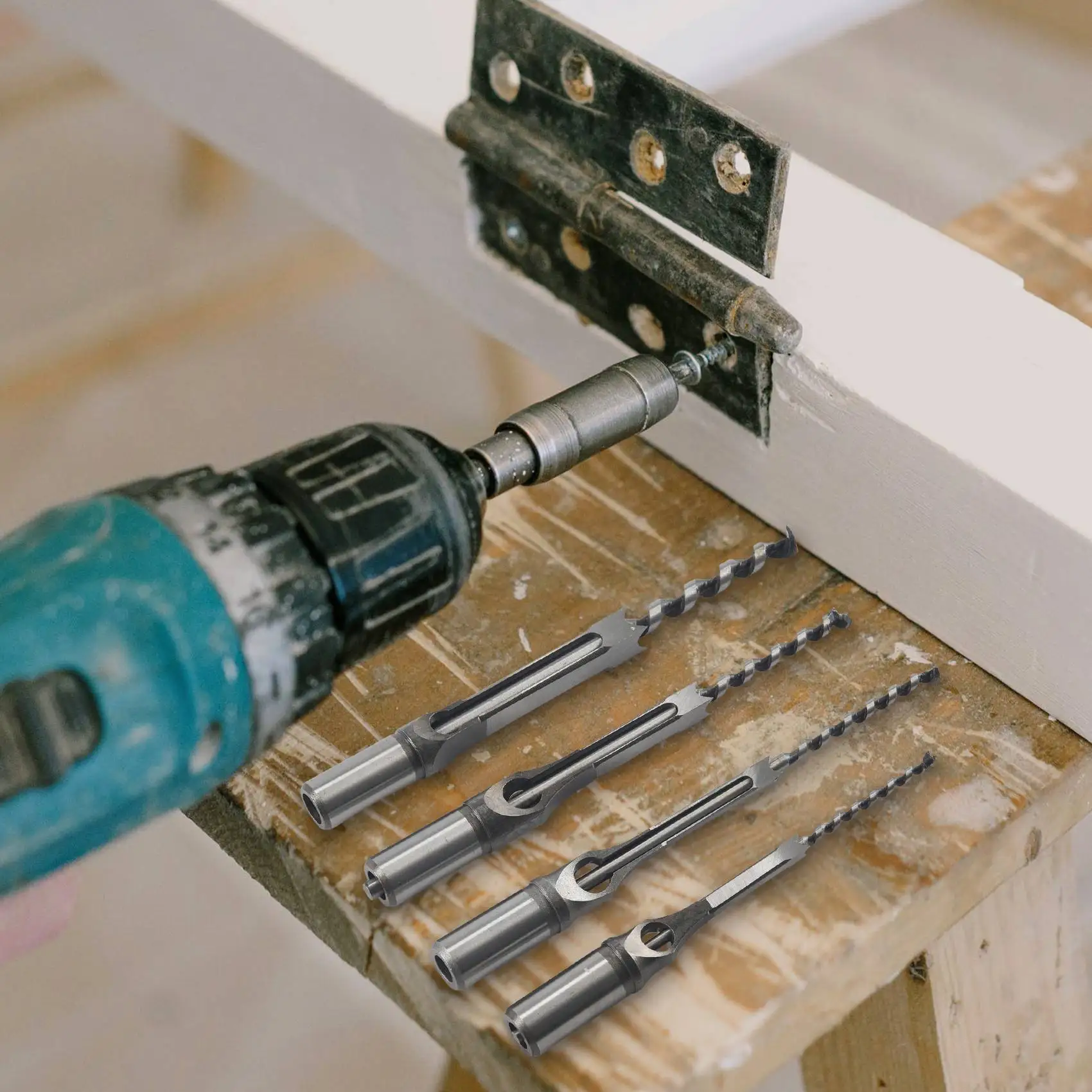 

ABKJ-4Pcs Woodworking Square Hole Drill Bits Wood Mortising Chisel Set Mortise Chisel Bit Kits Woodworking Hole Saw Sets With Tw