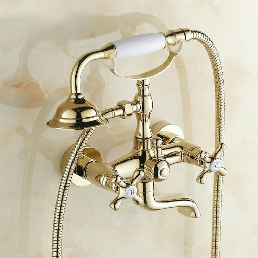 Polished Gold Bathroom Tub Faucet Telephone Style Bathroom Bathtub Wall Mounted With Handshower Swive Tub Spout Ntf130