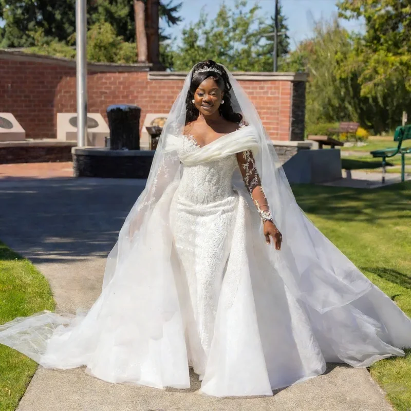 

Customized 2 In 1 Shiny Wedding Dresses Mermaid Beaded Full Sleeve O-Neck Applique Bride Gowns African Women vestidos de novia