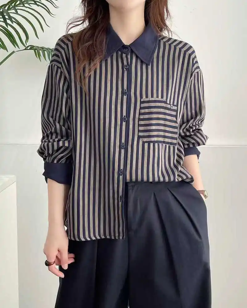 اليابانية خمر موري فتاة مخطط المرقعة قمصان النساء الخريف جديد رفض طوق كم طويل بلوزة فضفاضة غير رسمية القمم