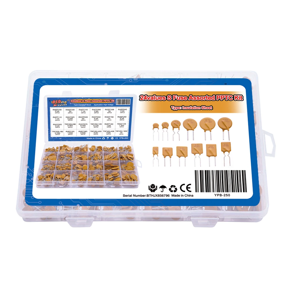 610PCS-24Values 0.05A 0.1A 0.2A 0.25A 0.3A 0.4A Self-Recovery Fuse Assorted PPTC KIT  0.5A 0.75A 0.9A 1.1A 1.35A 2A 2.5A 3.75A