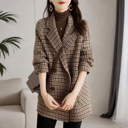 Vintage Houndstooth Wool Blazer Women Winter Thick Warm Double Breasted Lapel Coats Y2K Korean Loose All-Match Blends Outerwear