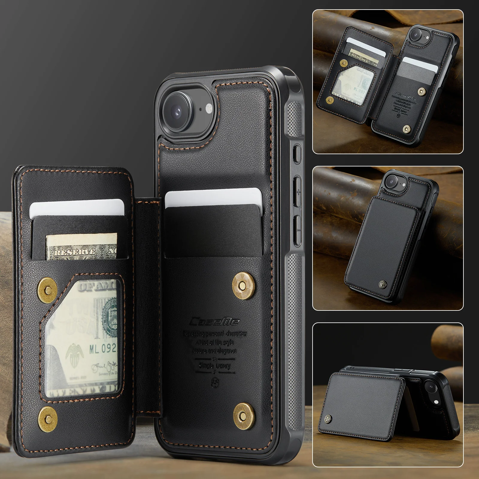 

CaseMe-C22 Wallet Case For iPhone 16e 15 14 Plus 13 Pro Max 12 11 XS XR 6 7 8 SE2 Magnetic Luxury Leather Card Stand Cover Skins