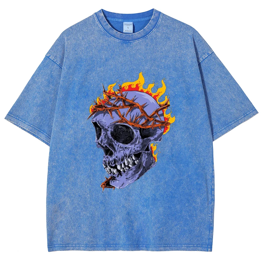 Skull Flame Print Women's T-Shirt Fashion Design High Street Hip Hop Short Sleeve Loose ZTE Wash Vintage Top Tee