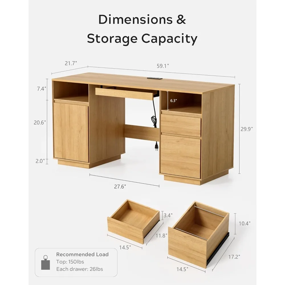 مكتب مكتب منزلي كبير على طراز المزرعة مع درج ملفات ومنفذ وخزانة تخزين وصينية لوحة المفاتيح لمساحة العمل التنفيذي #2
