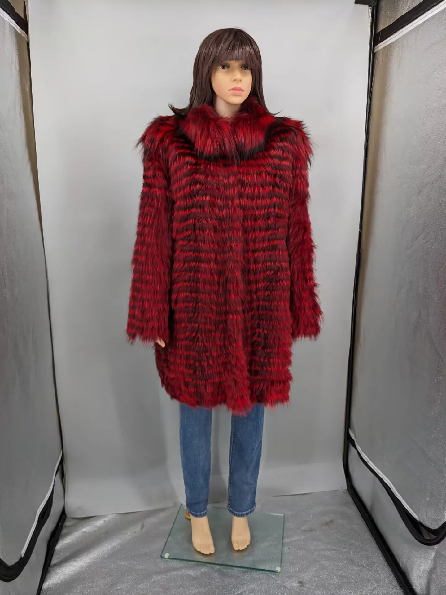 Women's Striped Real Silver Fox Fur Coat, Long Cardigen with Wool Lining, Big Size Clothes, Elegant Outwear, Spring, Lux18A09164