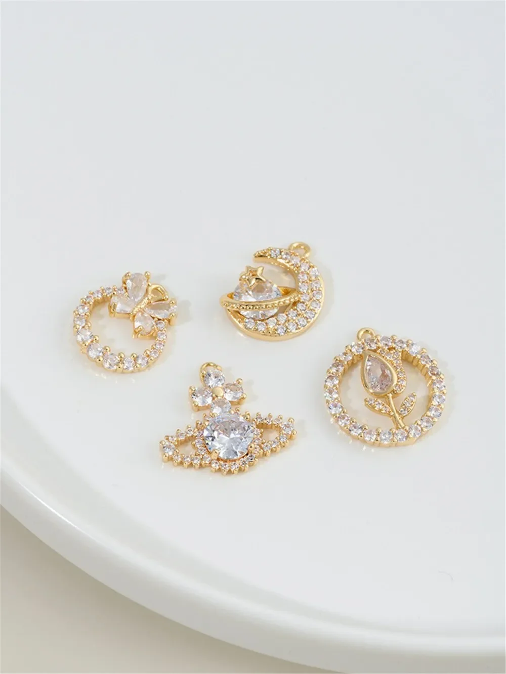 

14K Gold-Color Plated Microinset Zircon Butterfly Tulip Wreath Star Moon Pendant Diy Accessories Necklace Jewelry Materials