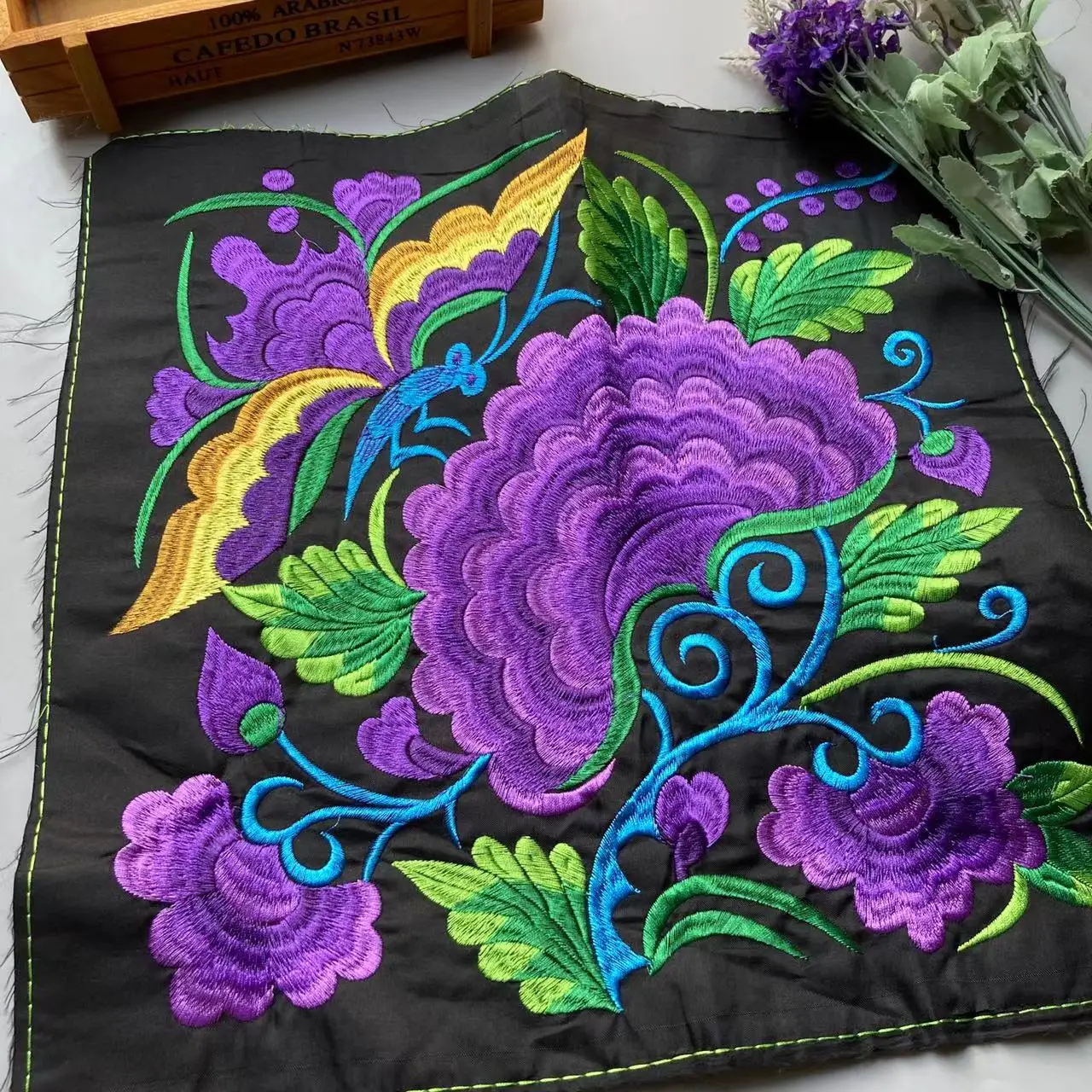 

1pcs Purple Peony Pretty Flowers 34cm Ethnic Style Embroidery Cloth Patch Clothes Decorative Applique Cheongsam Chinese New