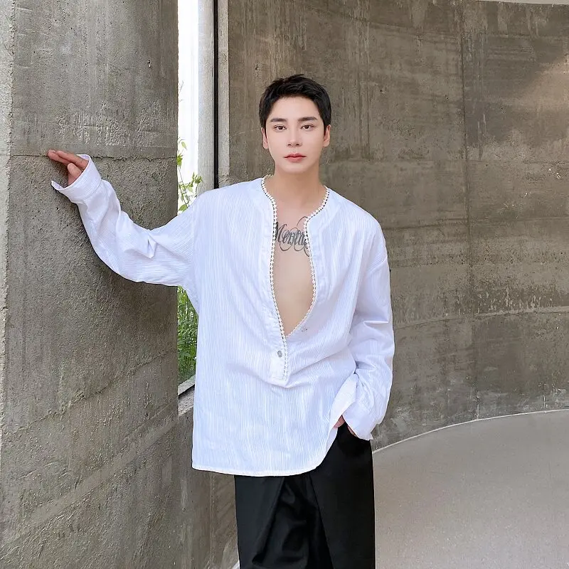 

Casual White Long Sleeve Deep V Neck Baroque Shirt Unisex Spring Summer Vacation Wear Breathable Polyester Fiber Male Loose Fit