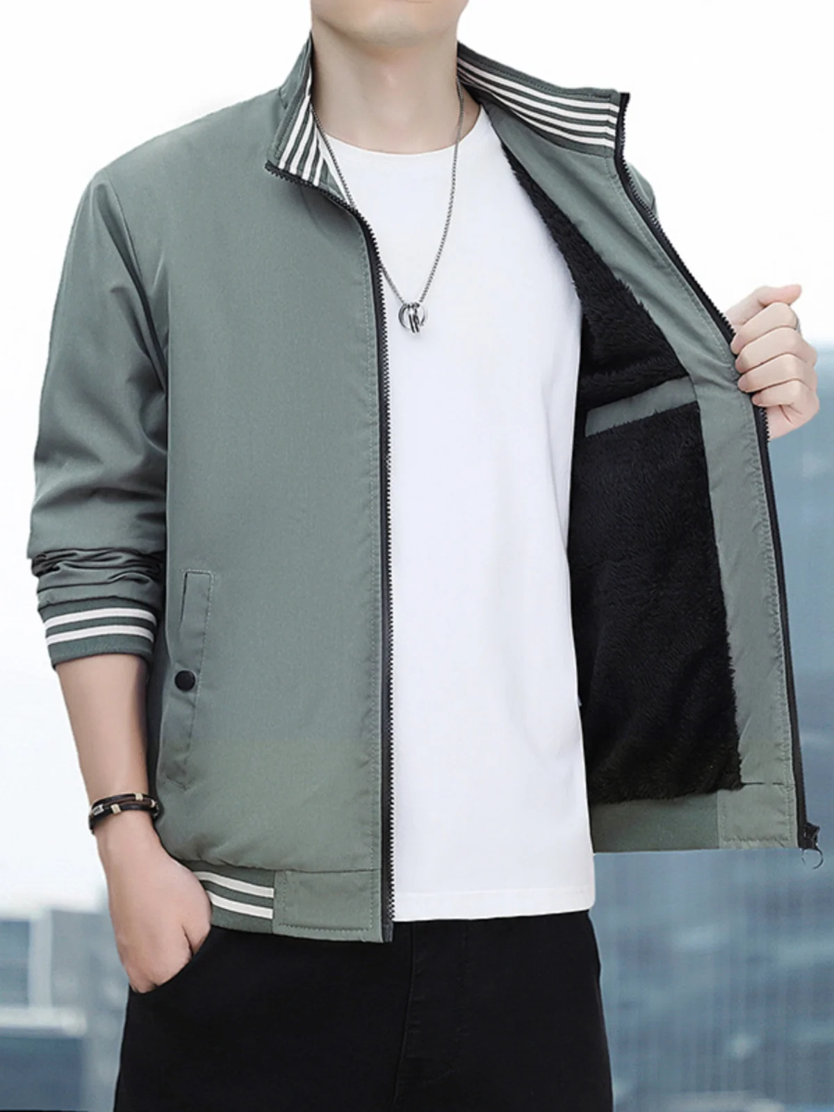 

Men's Fce Lined Stand Collar Jaet Casual Warmth Autumn Winter Spring Thiened Polyester Long Sve Zipper Closure Coat