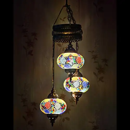 LaModaHome 35 + Unique Colors, 2020 Customizable Chandelier 3 Globes + Free 3 Bulbs, stunning Mosaic Turkish Lamp Moroccan Light