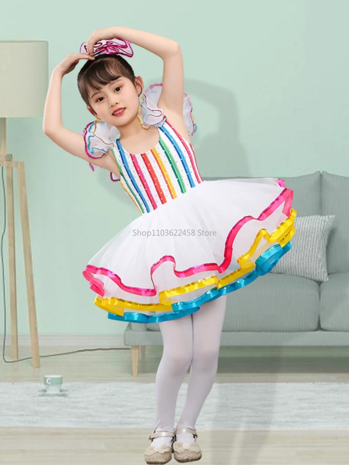 Kids Ballroom Clothing Sequined Modern Dance Tutu Dress Girls Jazz Dance Dresses For Prom Stage Wear Wedding Princess Dress