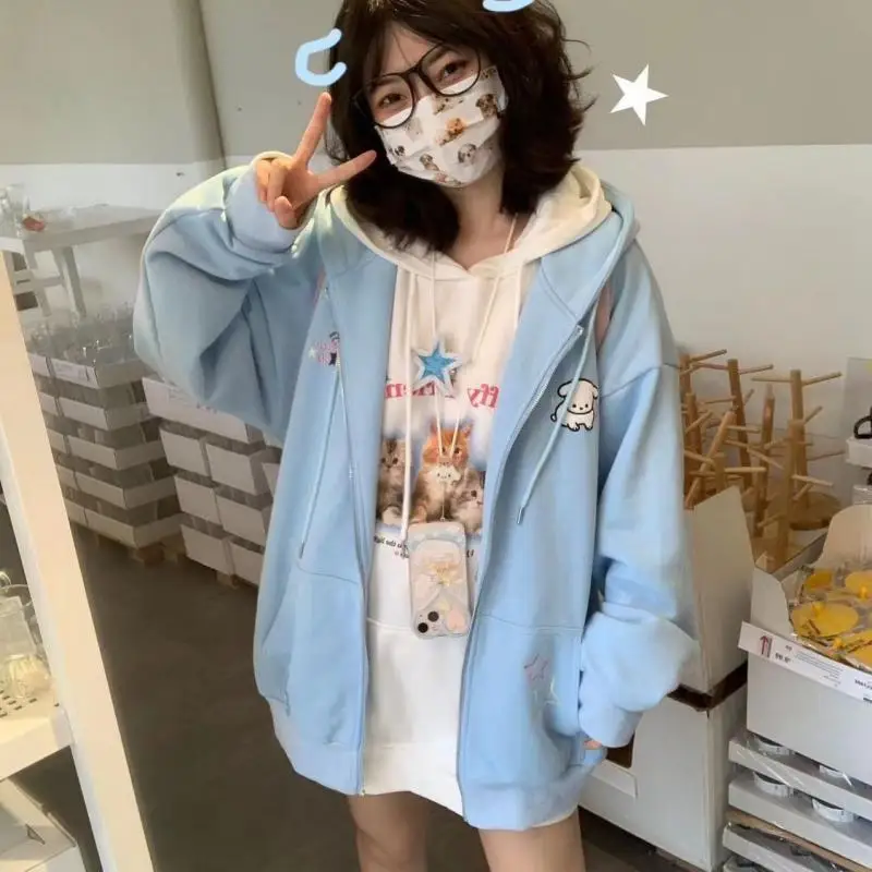 Sudadera con capucha de Anime Sanrios con cremallera Kawaii Pochacco para mujer, sudaderas japonesas Y2K de lana color Beige dulce, chaqueta con capucha de estilo coreano para niñas