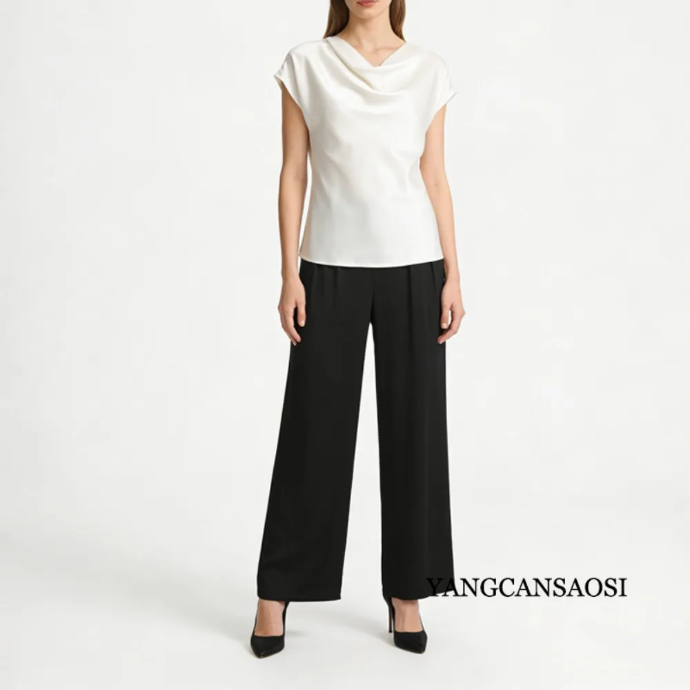 Women's Clothing Light Luxury High-end 95% Natural Mulberry Silk Elastic Satin Pocket Design Elastic Waist Straight Leg Pants
