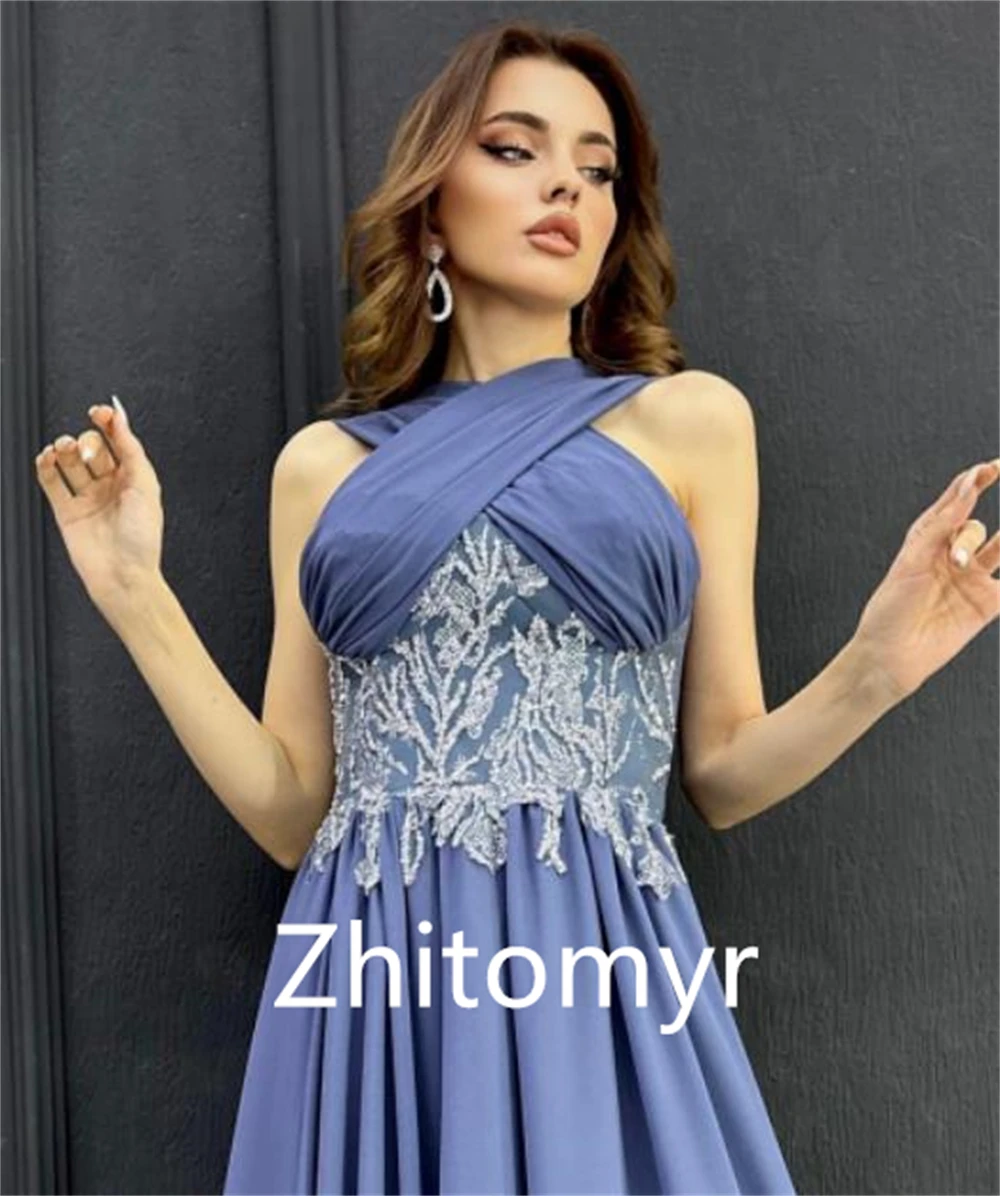 Prom Dress Evening Saudi Arabia Jersey Pattern Ruched Prom A-line Halter Bespoke Occasion Gown Long Dresses