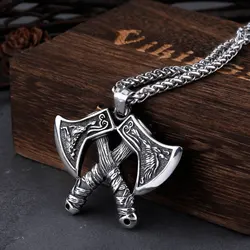 316L Stainless Steel Viking Double Axe Men's Pendant Necklace Classic Wolf Eagle Pattern Accessories with Wooden Box