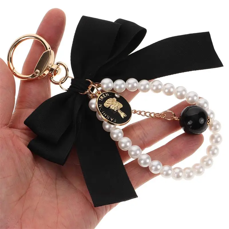 Fashion Large Bowknot Ribbon Pearl Key Chain Women\'S Multi-Color DIY Key Pendant Hanging Ornament Sweet Bag Accessories