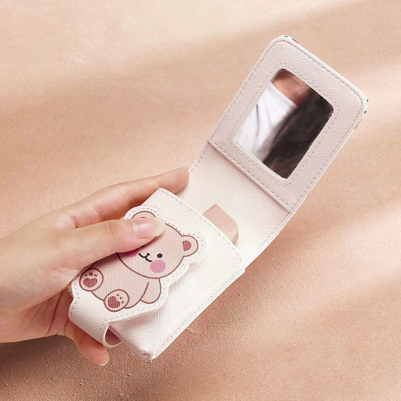 

Cartoon Cute Bear Mini Portable Lipstick Bag With Mirror Minimalism Small Cosmetic Bag With Button Women's Makeup Storage Bag