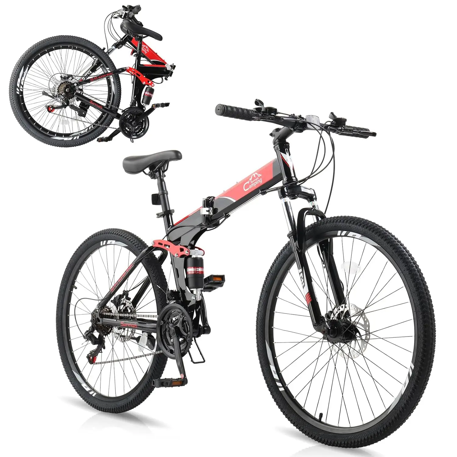 Folding Mountain Bike 21-Speed Adult Bikes 26/27.5 Inch Bike with High Carbon Steel Frame, Double-Kill Disc Brake System, Thicke