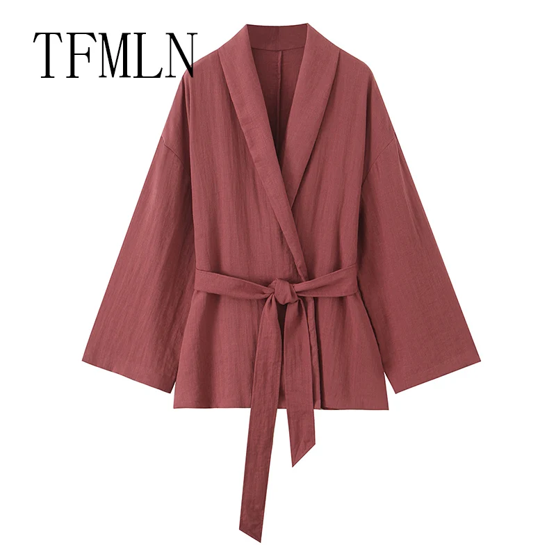 TFMLN أطقم سراويل على طراز بيجامة للسيدات 2025 بلوزة جديدة بأكمام طويلة مع وشاحات وقمصان علوية طقم نسائي مكون من قطعتين