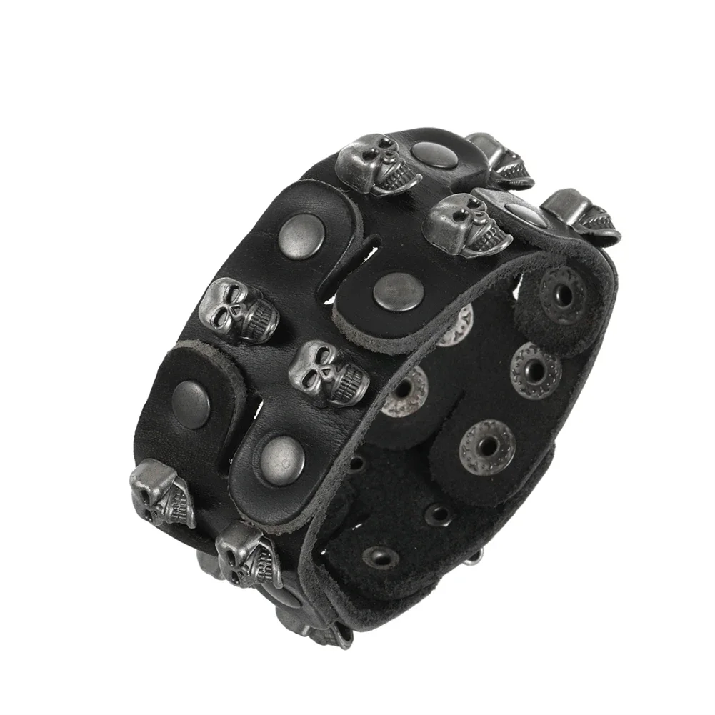 Pulseira de couro dupla fileira caveira para homens, pulseira casual, cor sólida clássica, tamanho ajustável, todos os dias W