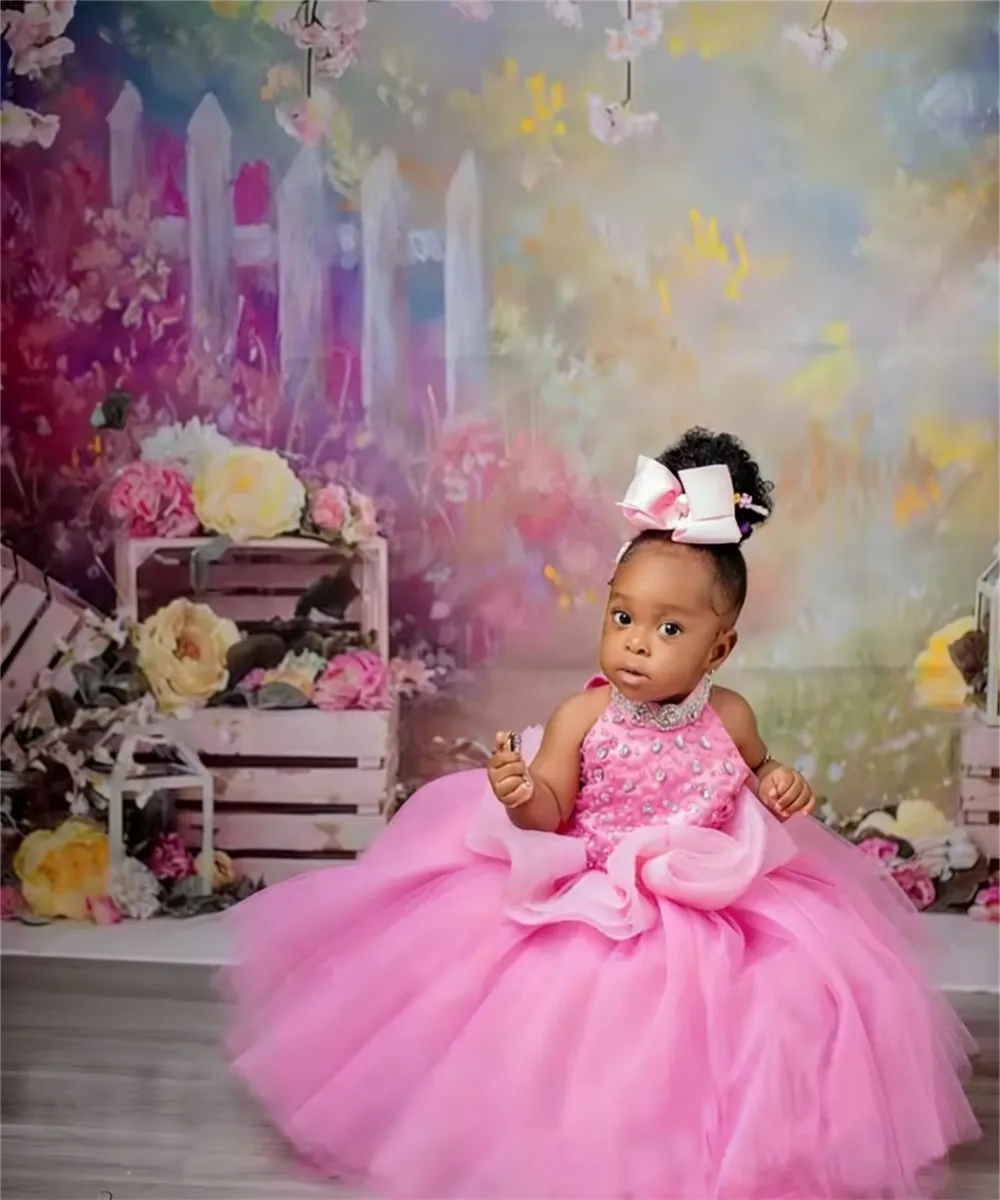 Robe de mariée de luxe rose à fleurs pour filles, sans manches, à paillettes, pour petite fille, soirée d'anniversaire, robe de sainte Communion personnalisée