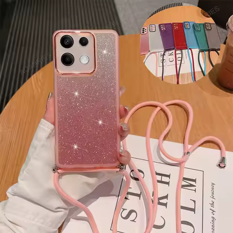 For Xiaomi Mi Poco X6 Pro 5G X5 X3 F6 F5 M6 M5 M4 M3 C65 M5s Crossbody Lanyard Clear Glitter Silicone Soft Case X 6 F 6pro Cover