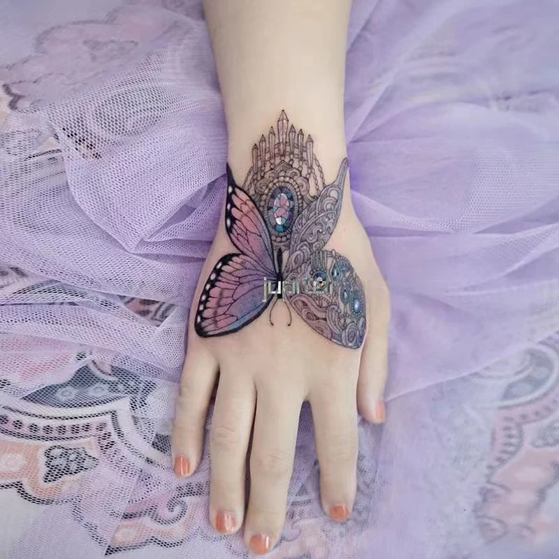 New Lace Gemstone Butterfly Temporary Tattoo Waterproof Stickers Women Sexy Fashion Arm Ankle Dark Fake Tattoo Art Faux Tatouage