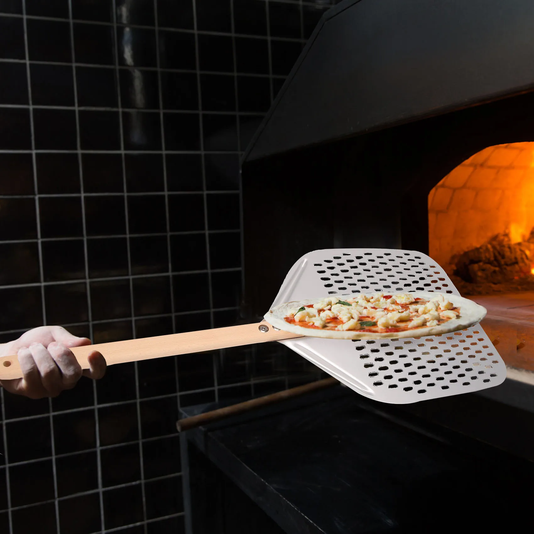 ABKS-Perforated Pizza Peel,Professional Anodized Aluminum Pizza Peels, Rectangular Pizza Turning Spatula With Detachable