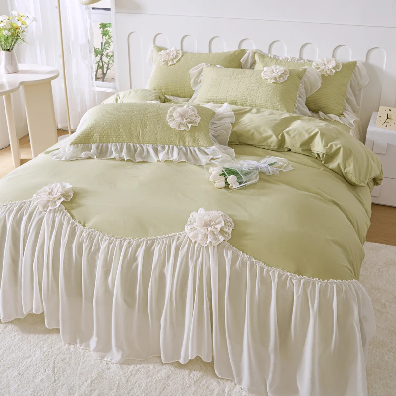 

4/6Pcs Pure Cotton Korean Princess Style Bedding Sets Flowers Lace Ruffles Duvet Cover Quilted Bed Skirt Bedspread Pillowcases