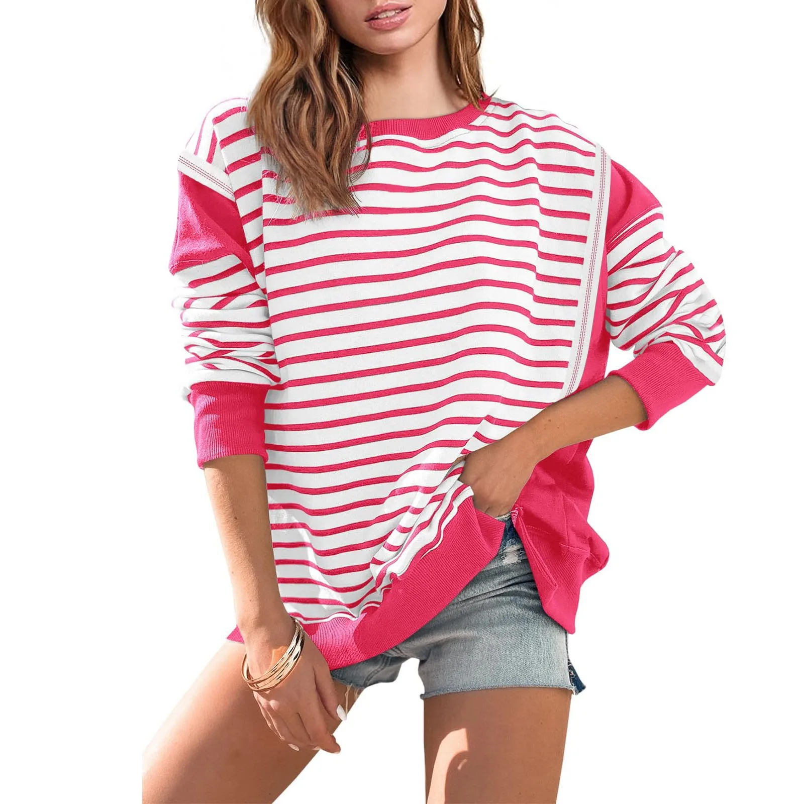 

Women's Oversized Striped Color Blocking Long Sleeved Round Neck Sports Shirt Casual Loose Fitting Pullover Shirt Top 2024