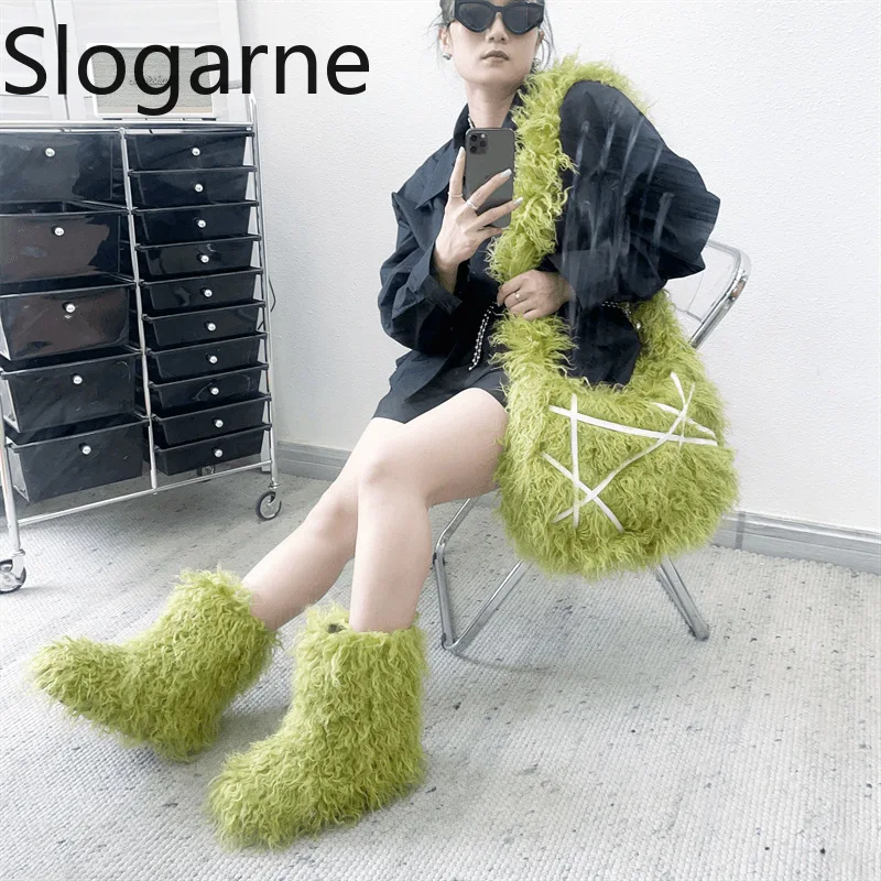 

Новая крутая сумка-тоут, женские пушистые сапоги из монгольского меха, зимние ботинки на платформе, комплекты из искусственного меха, женская зимняя обувь в стиле панк Y2K