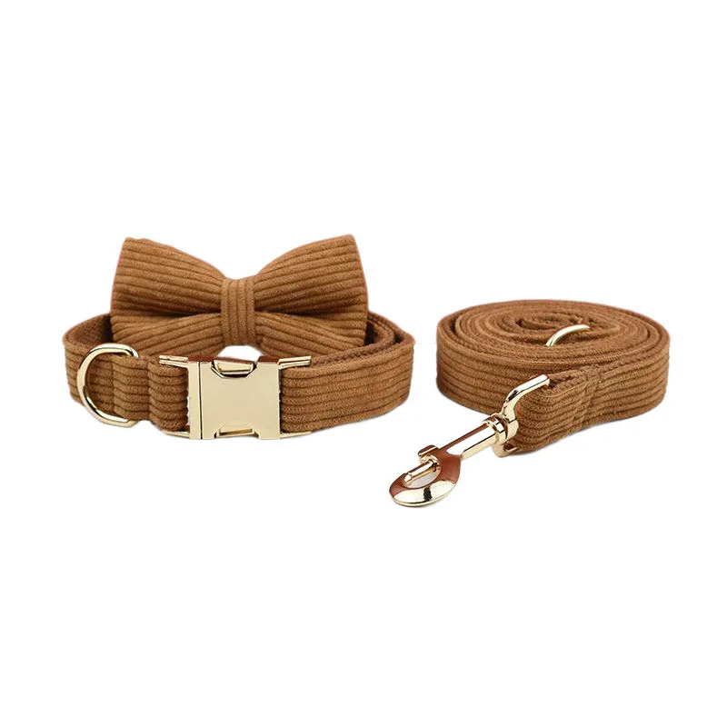 Personalised Corduroy Dog Collar And Leash Set With Nameplate_voghion.com