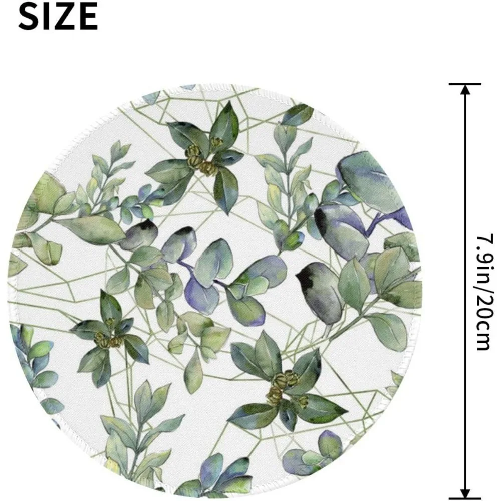 지름 8인치, 스티치 처리된 가장자리, 미끄럼 방지 고무 베이스가 있는 녹색 유칼립투스 잎 무늬 게이밍 마우스 패드