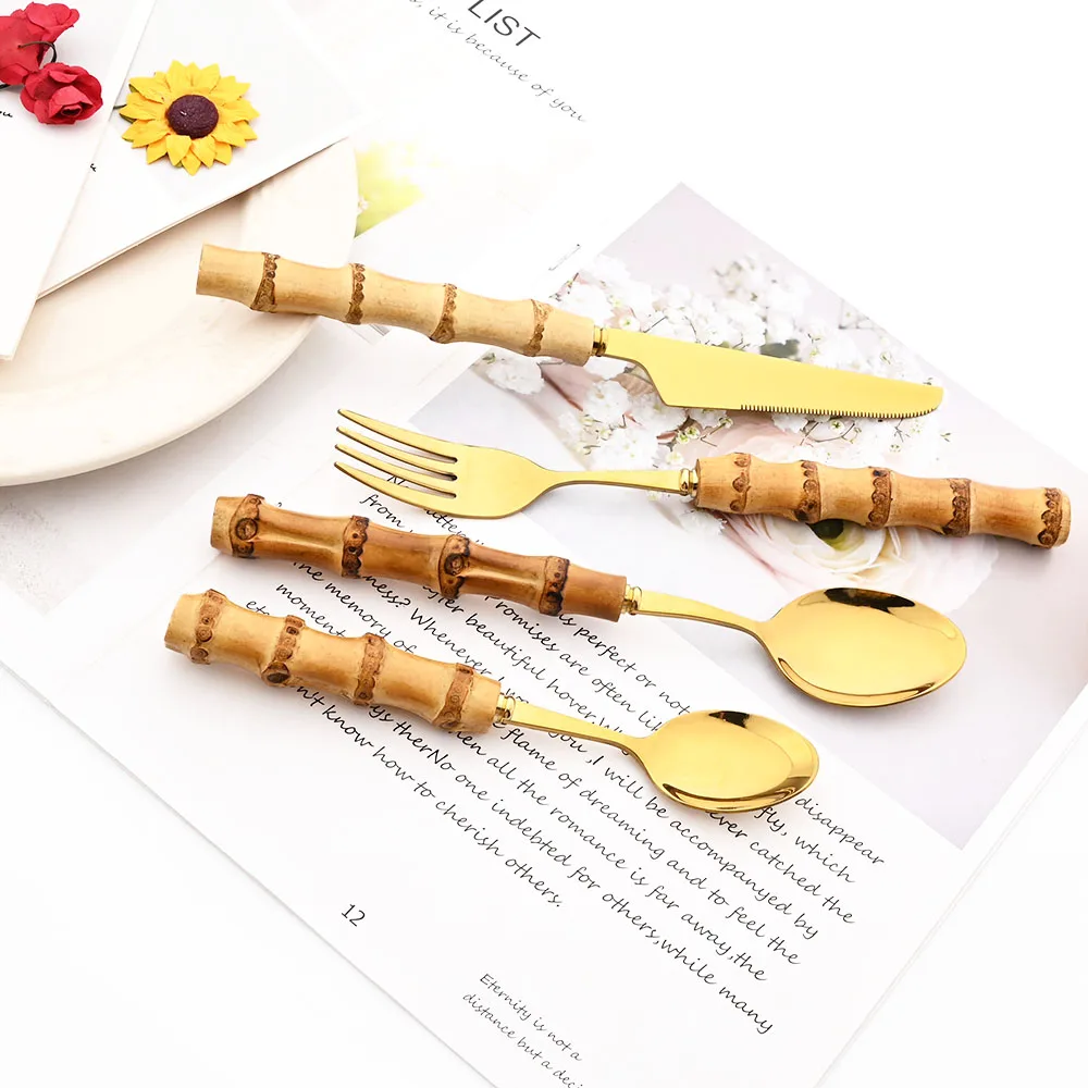 Drmfiy Gold Dinner Fork Cutlery Set Stainless Steel 4/6/10Pcs Fork Dinnerware Set Kitchen Western Bamboo Handle Tableware Set