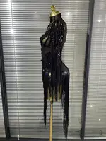 Black Red Women Sexy One Shoulder Shinning Crystal Sequins Tassels Bodycon Mid-calf Dress Nightclub Party Bar Dancer Costumes - Image 3