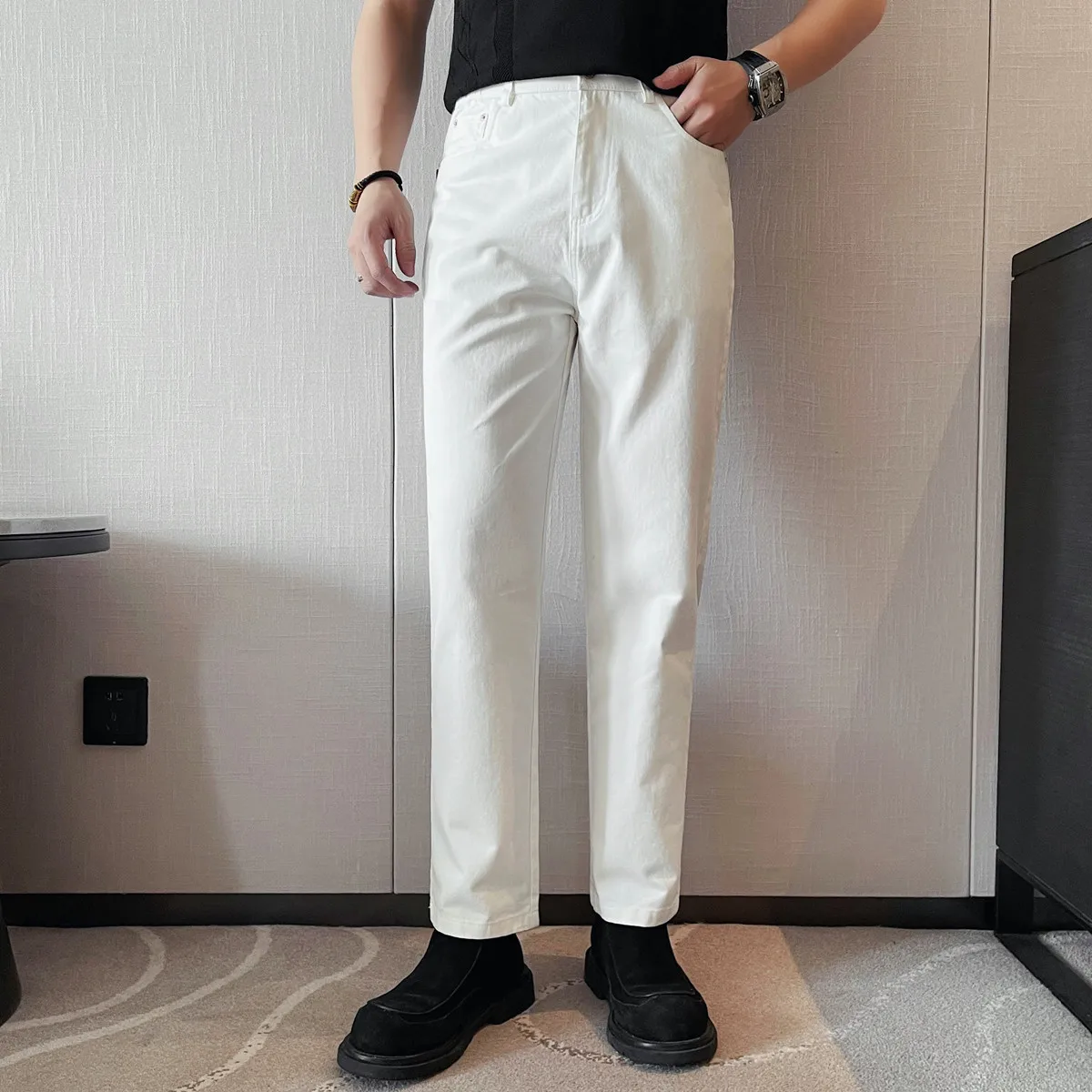 

Pantalones Hombre Spring Summer New Jeans For Man High Quality Plain Color Straight Elastic Denim Pants Men Clothing 2025 Black