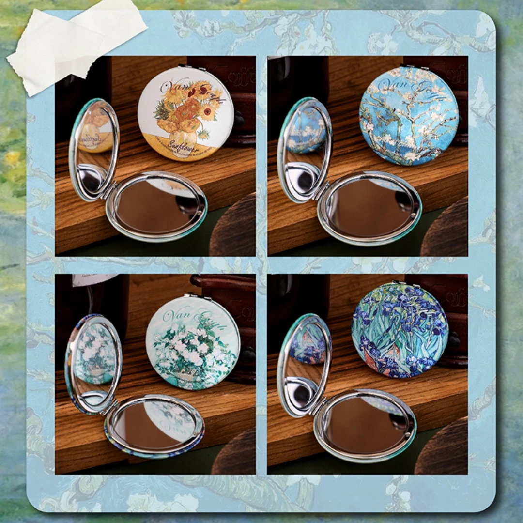 مرآة مدمجة للرسم الزيتي العتيق، مرآة مكياج مستديرة قابلة للطي على الوجهين، مرآة مكياج صغيرة محمولة لمستحضرات التجميل #5