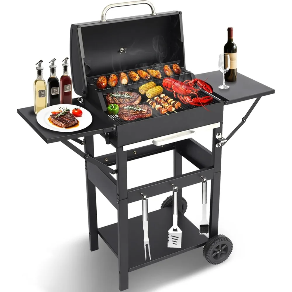 

Grill with Easy-Clean Ash Pan & Foldable Side Table - Porcelain-Coated Cooking Grates, Adjustable Temperature Control