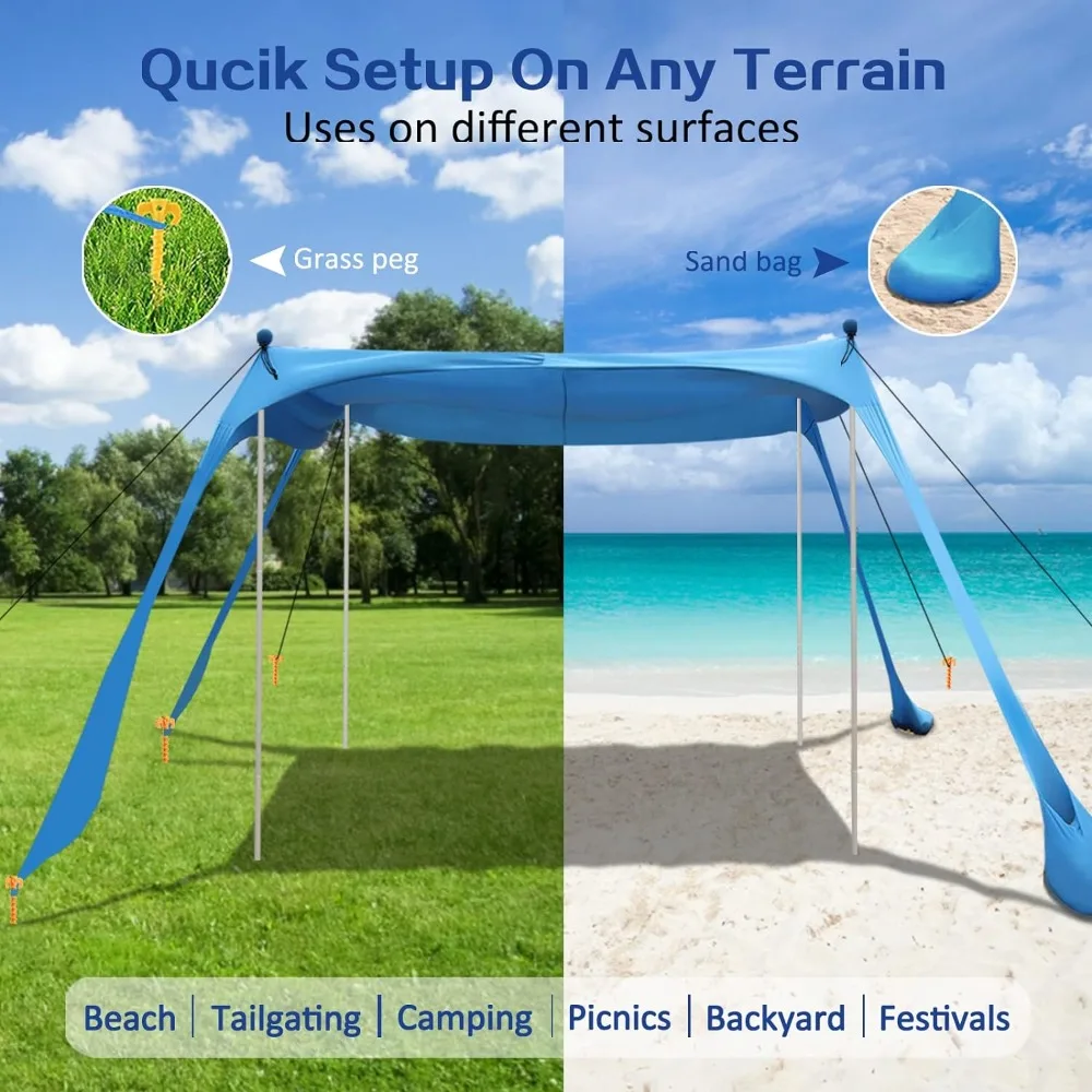 Beach Canopy Beach Tent UPF50+ 11x11 FT Easy to Setup Extra Windproof Rope Sun Shelter Beach Shade Canopy with 4 Stability