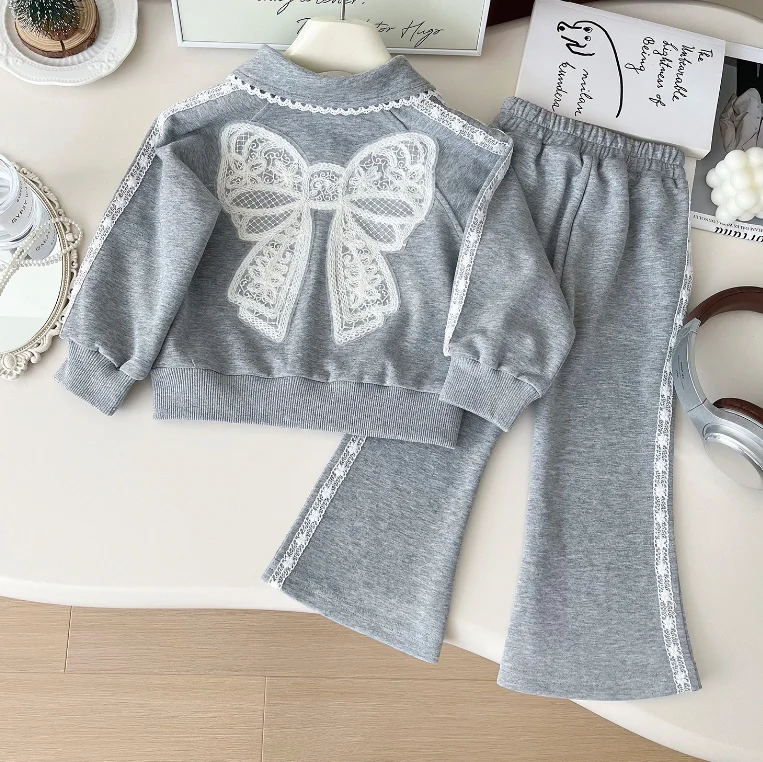 New Baby Girls Fall Fashion Grey Sets Back Butterfly Top + Pants Princess Elegant Suits 2-7T