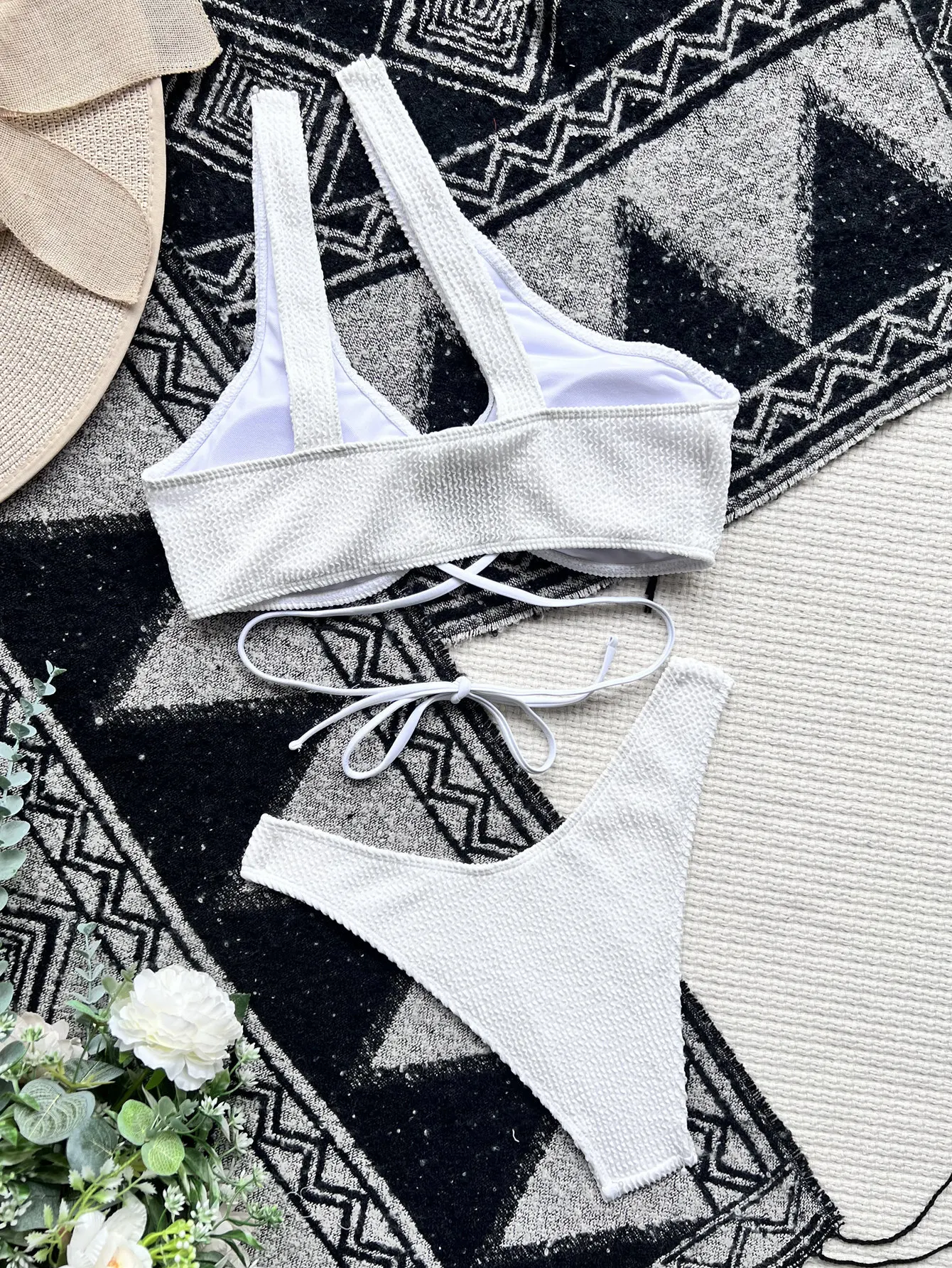 sexy white ribbed irregular one shoulder bikinis sets two pieces thong swimsuit swimwear women beach outfits biquini tankini
