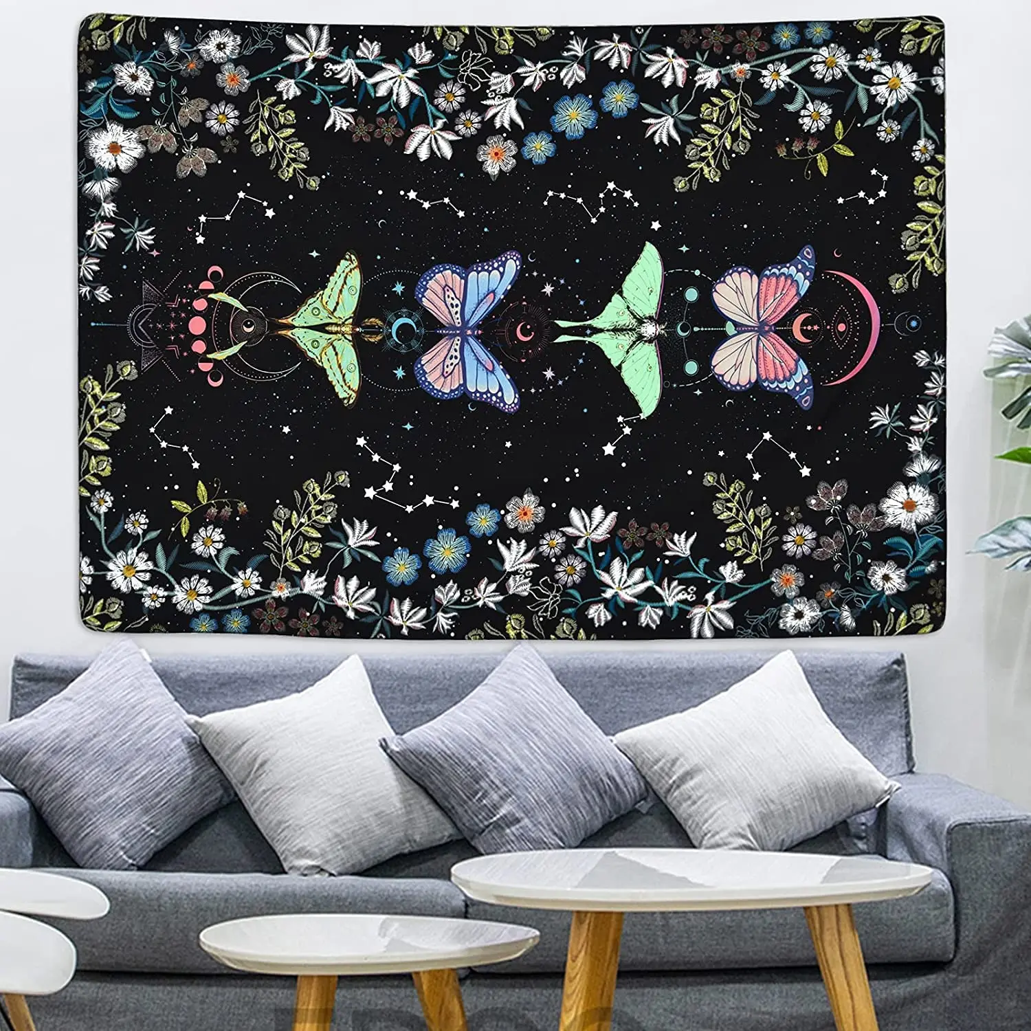 

Boho Butterfly Tapestry Flower Moon Tapestries Aesthetic Wall Hanging Vintage Plant Tapestry for Bedroom Living Room Dorm Decor