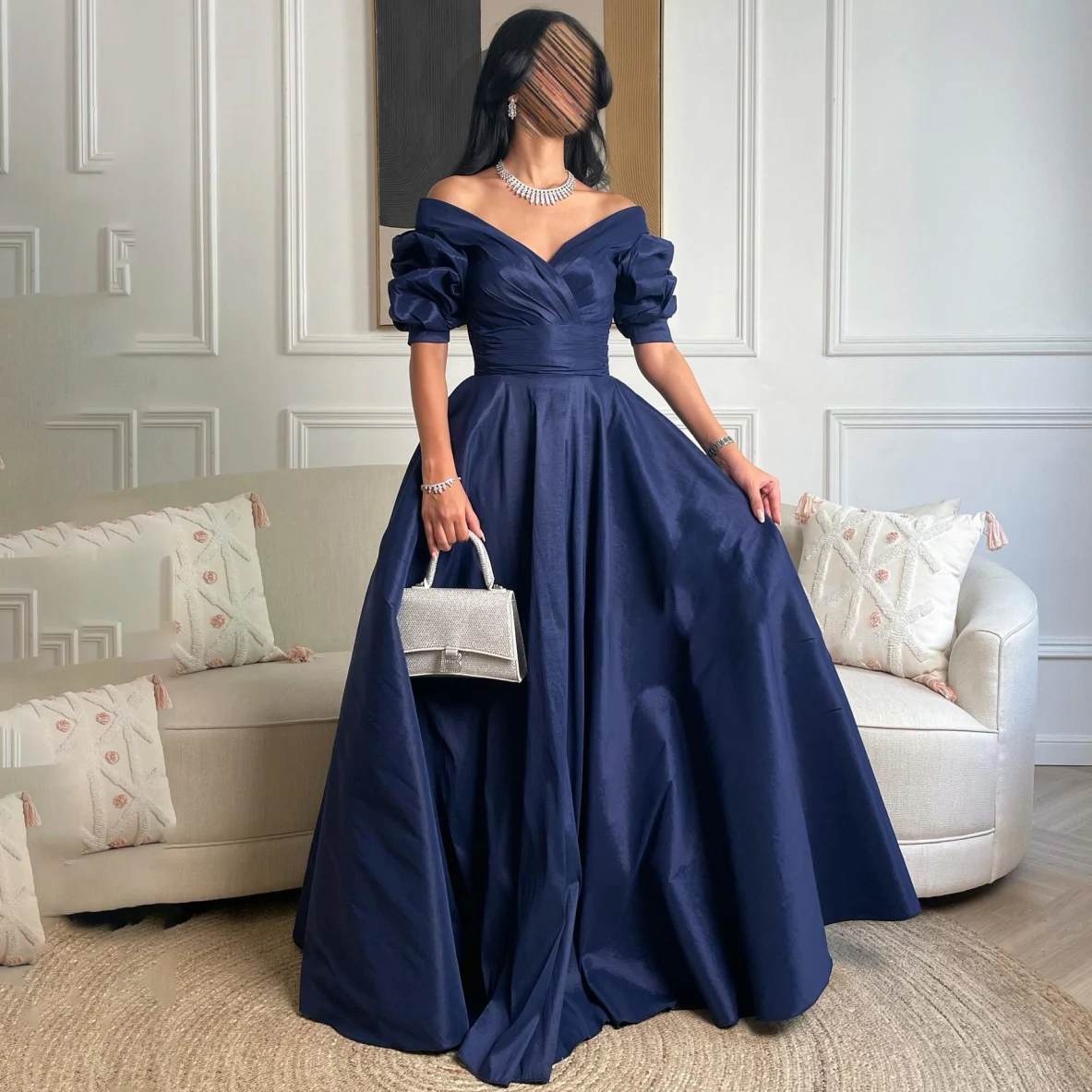 Off the Shoulder Short Sleeves Blue Prom Dresses Customized Satin A-Line Elegant Formal Party Women Gowns Dubai Evening Dress