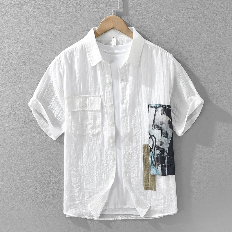 

Мужская модная универсальная повседневная рубашка свободного кроя с коротким рукавом, с принтом, в японском стиле пэчворк, летняя, CleanFit