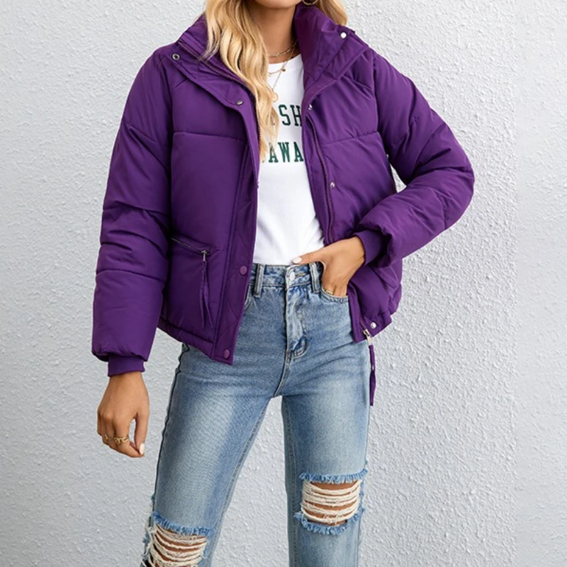 

Short Stand Collar Down Cotton Jacket for Small Women, Simple Loose Fit Zipper Bread Jacket, Cotton Coat.