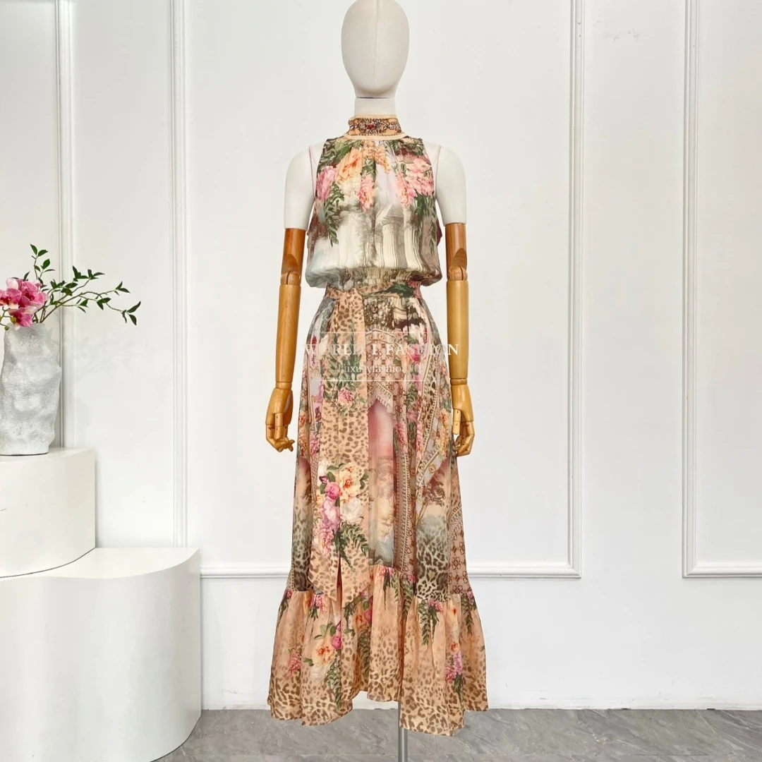 Nowa, wysokiej jakości jedwabna sukienka midi bez rękawów w pomarańczowy kwiatowy wzór z diamentami, idealna na wakacje.