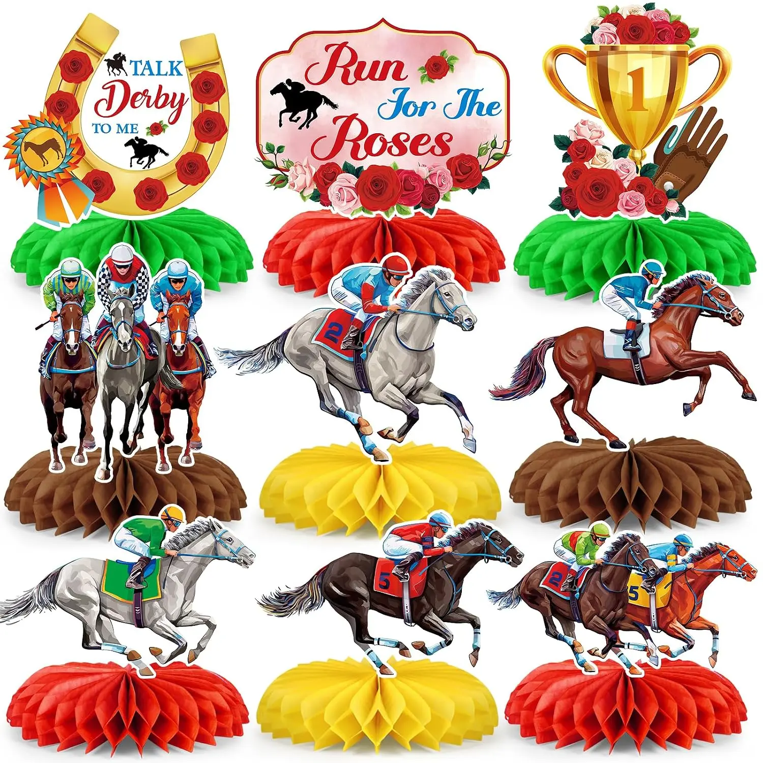 Derby Day Party Decorations 9Pcs Horse Racing Honeycomb Centerpieces Table Decor for Birthday Home Supplies