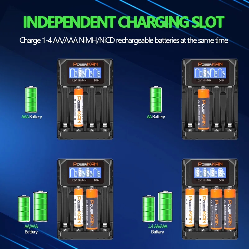 Powerkan Set 1.2V AA AAA 4pcs NiMH Battery with DN4 LED Display Charger Fast Charing Compo Sets for Beginner